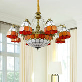 Lámpara de araña vintage de cristal Tiffany Art en color naranja para el pasillo del hotel - Diseño de cúpula de rejilla de 9/13 luces